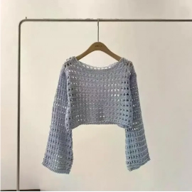 2024 Y2K Long Sleeve Crochet Knit Top Summer Beach..