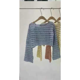2024 Y2K Long Sleeve Crochet Knit Top Summer Beach Bikini Cover Up Crop Pullover Wool Knitwear Blouse Women Vacation Boho Outfit