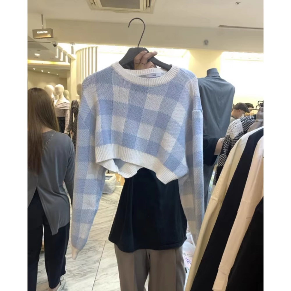 Pullovers Women Checkerboard Crop Knit Sweater Long Sleeve Crew Neck Box-fit Plaid Jumper Outfit