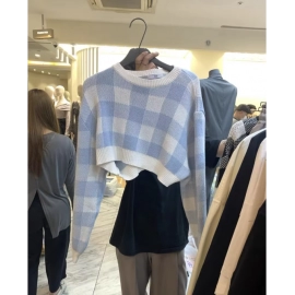 Pullovers Women Checkerboard Crop Knit Sweater Lon..