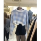 Pullovers Women Checkerboard Crop Knit Sweater Long Sleeve Crew Neck Box-fit Plaid Jumper Outfit