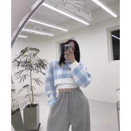Pullovers Women Checkerboard Crop Knit Sweater Long Sleeve Crew Neck Box-fit Plaid Jumper Outfit