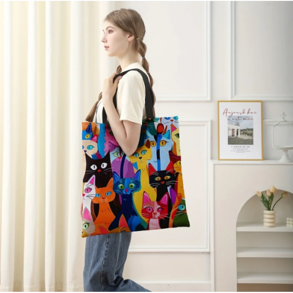 Colorful kitten printed casual handbag, reusable fashionable backpack, multifunctional handbag, printed canvas shopping bag