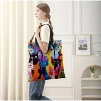 Colorful kitten printed casual handbag, reusable fashionable backpack, multifunctional handbag, printed canvas shopping bag