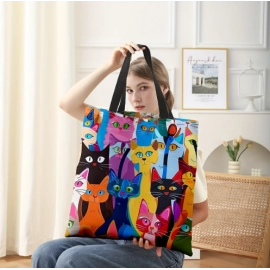Colorful kitten printed casual handbag, reusable fashionable backpack, multifunctional handbag, printed canvas shopping bag